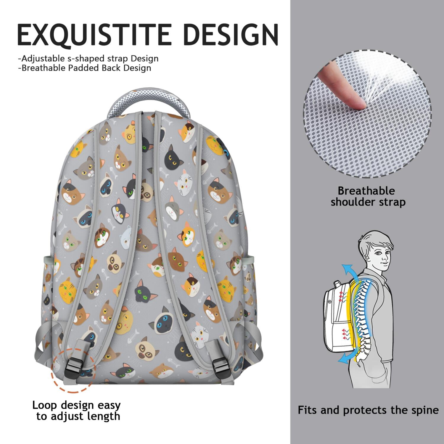Geometric Cat Pattern School Backpack - Waterproof & Lightweight, Stylish Design for agers