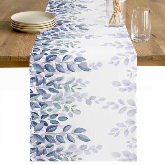 Spring Blue Eucalyptus Table Runner - 36 Inch Long Botanical Green Leaf Country Cotton and Linen Blended Dress Scarves Farmhouse Table Runner for Kitchen Dining, Coffee Table, 13" x 36"