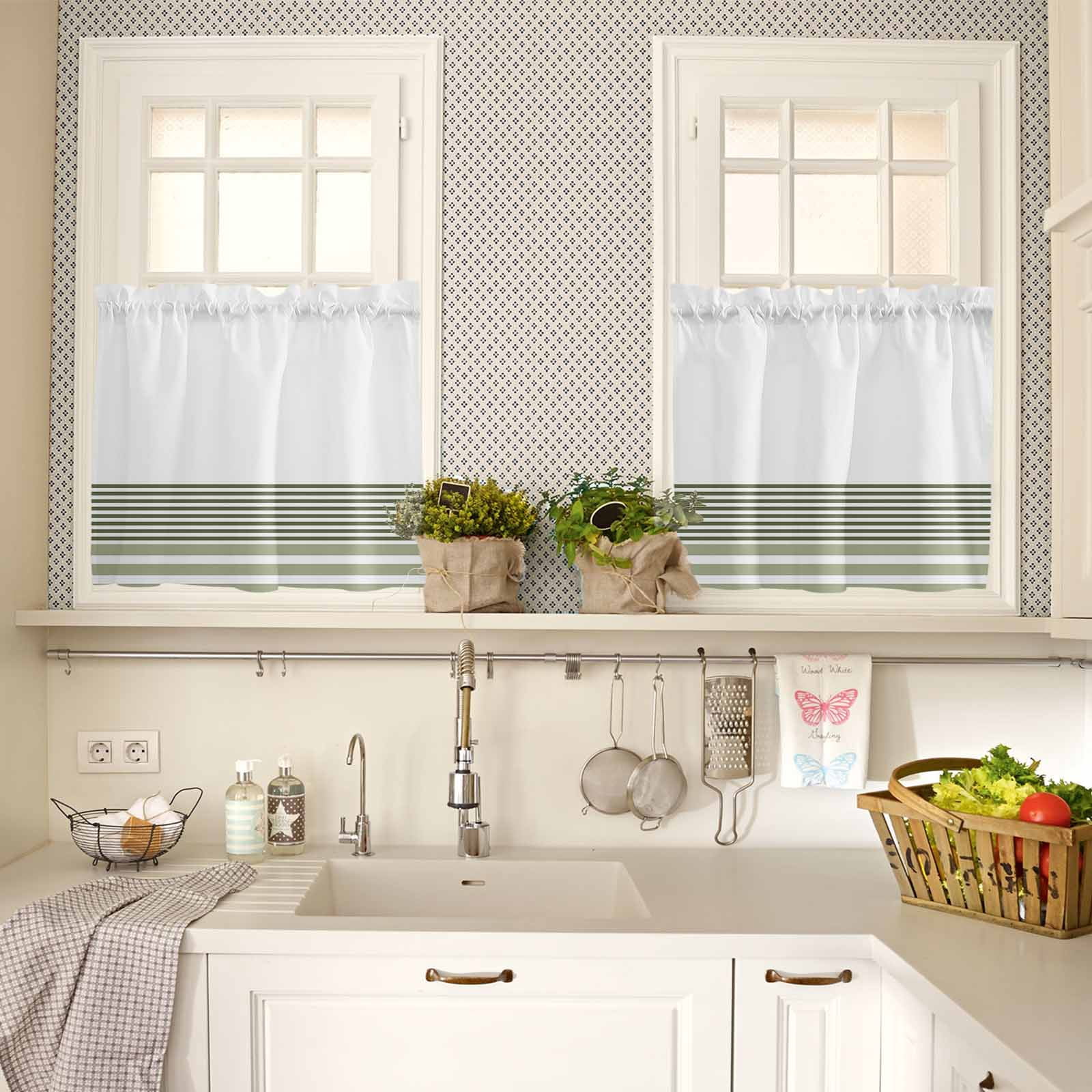 Sage Green Striped Kitchen Curtains and Valances Set, 3 Piece Kitchen Curtains Set 36 Inch Length, Modern Farmhouse Stripes Rod Pocket Curtains Tier Farmhouse Window Curtains