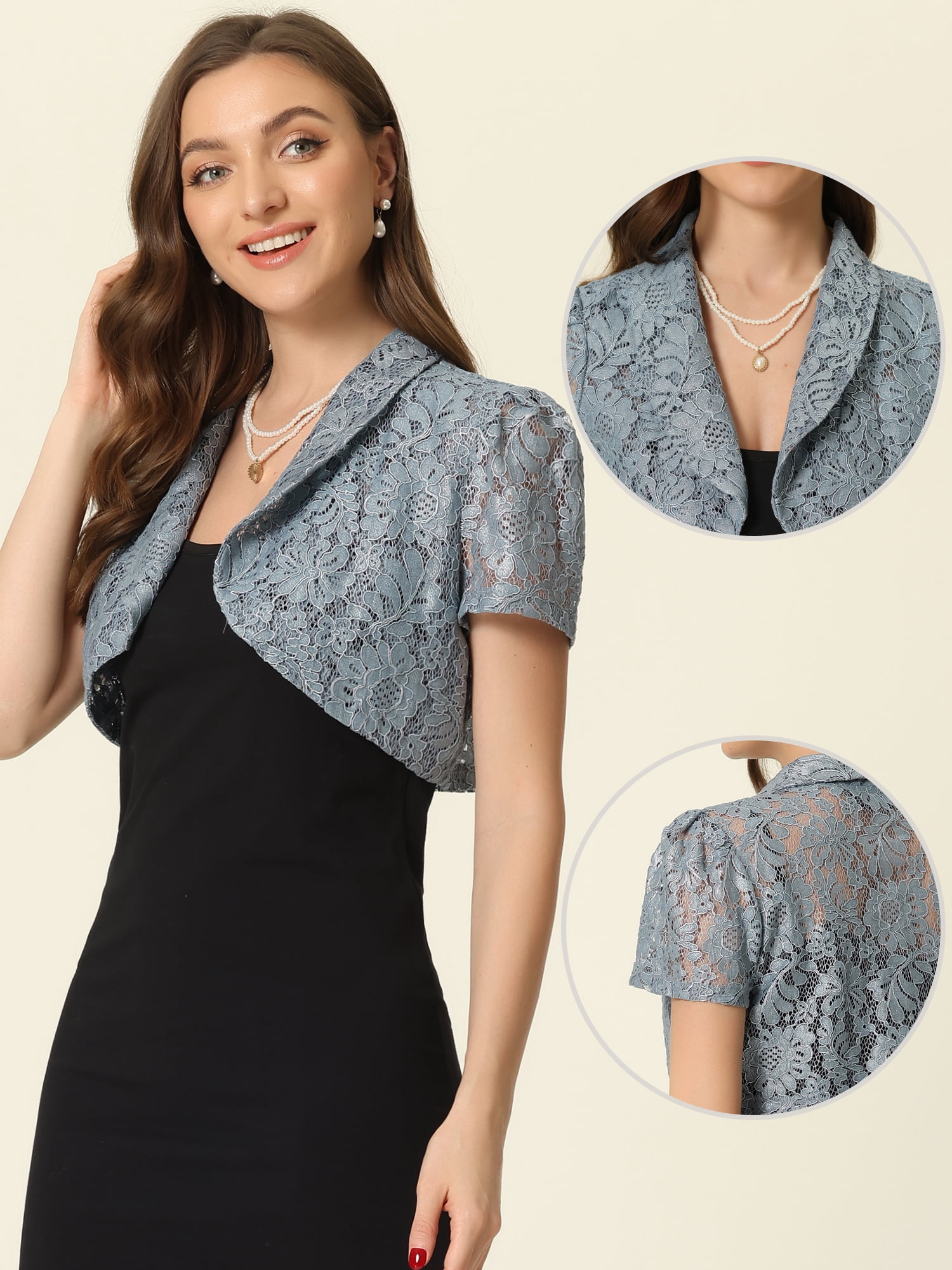 Unique Bargains Floral Lace Shrug for Women's Lapel Collar Short Sleeves Bolero Cardigan M Grey Blue