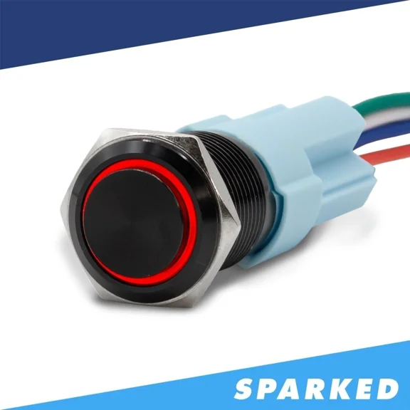 Sparked Innovations Black Latching 12V Push Button Switch Spdt Halo Ring - Red