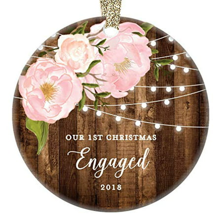 Engagement Gifts for Her, Our 1st Christmas Engaged First Christmas Ornament 2019 Couple Pink Peonies Rustic Xmas Farmhouse Collectible 3