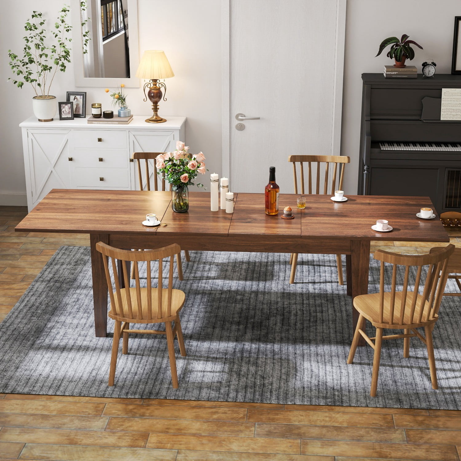 106.3" Extendable Dining Table, Large Woodgrain Kitchen Table with Expandable Design, Modern Rectangular Dining Room Table for Family Meals, Office, Study & Gathering Spaces, Walnut