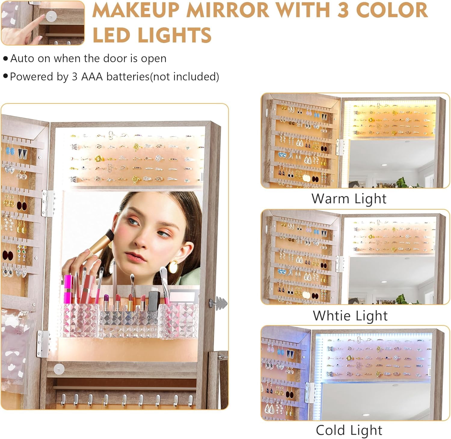 AENKYO 360 Rotating Jewelry Armoire, Lockable Mirror Cabinet with 3-Color Lights - Large Dimmable Organizer Modern Design，Brown