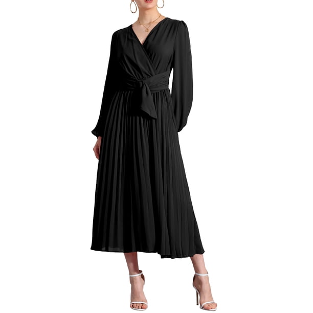 INSPIRE CHIC Vestido Elegante Plisado para Mujer con Cuello en V Cruzado, Manga Abullonada, Cintura con Cinta, Vestidos A-Line S Negro