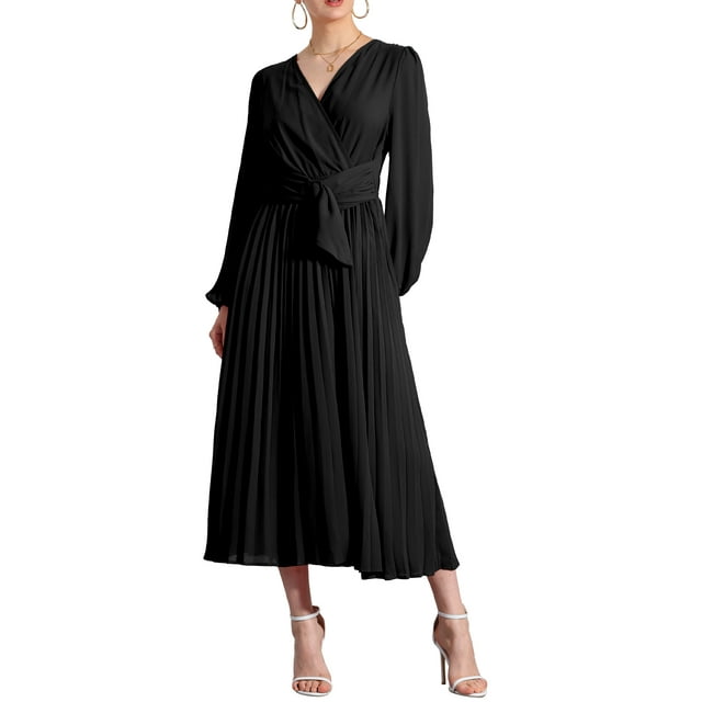 INSPIRE CHIC Vestido Elegante Plisado para Mujer con Cuello en V Cruzado, Manga Abullonada, Cintura con Cinta, Vestidos A-Line S Negro