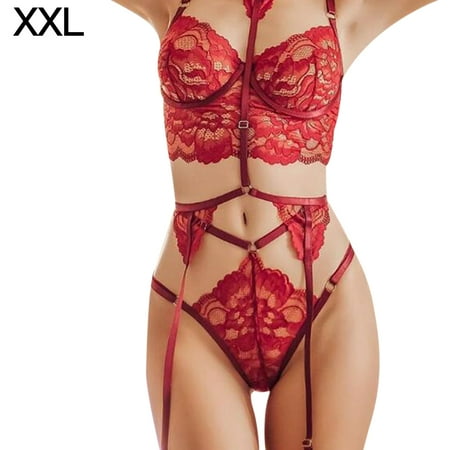 

Dido Women Sexy Lace Lingerie Set Garter Belt Bra Panty Bralette Underwear Red XXL
