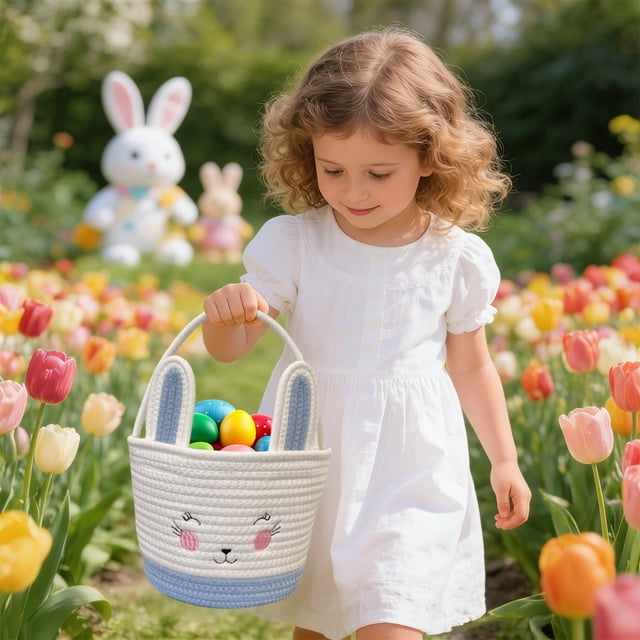 Homekingdee Panier de Rangement en Polyester Tissé de Pâques avec Poignée - Bac de Rangement pour Jouets Couvertures Fil, Décoration Intérieure pour Salon Chambre Activités de Pâques