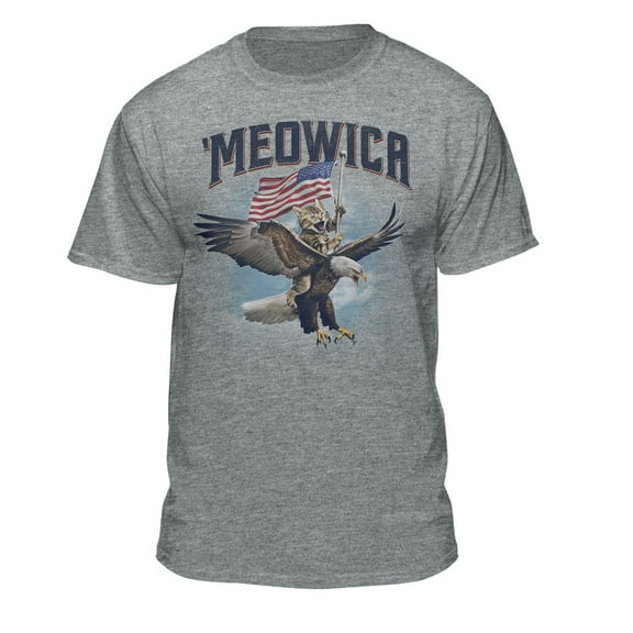 Teelocity Men's Funny 'Meowica Cat on an Eagle with the American Flag Athletic Heather Grey Relaxed Fit Short Sleeve Graphic T-Shirt