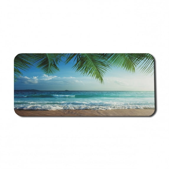 Ocean Computer Mouse Pad, Palms Tropical Island Beach Maldives Photography Home Postcard Traveler Explorer, Rectangle Non-Slip Rubber Mousepad X-Large, 35" x 15", Green and Blue, by Ambesonne