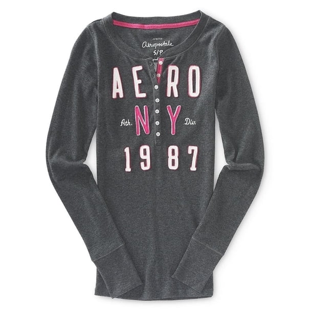 Aeropostale Mujeres Ny Thermal Henley Shirt, Gris, X-Large Aeropostale henley