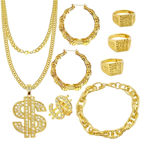 DICEWEN Punk Bold Chain Necklace Rings Jewelry Set Hiphop Theme Costume Accessories For Women Men Street Dancing Dressingup