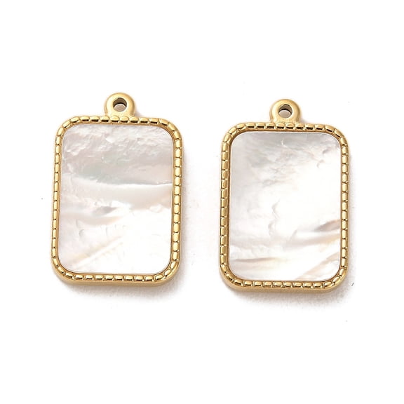 304 Stainless Steel Pendants with Shell Rectangle Charms Real 14K Gold Plated 18.5x12x2.5mm Hole: 1.2mm