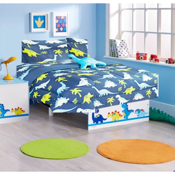 Bedding Set Twin 6pc Dinosaur Blue Long Neck Complete Bed in Bag Comforter with Plushie Toy Friend Matching Sheet Set.