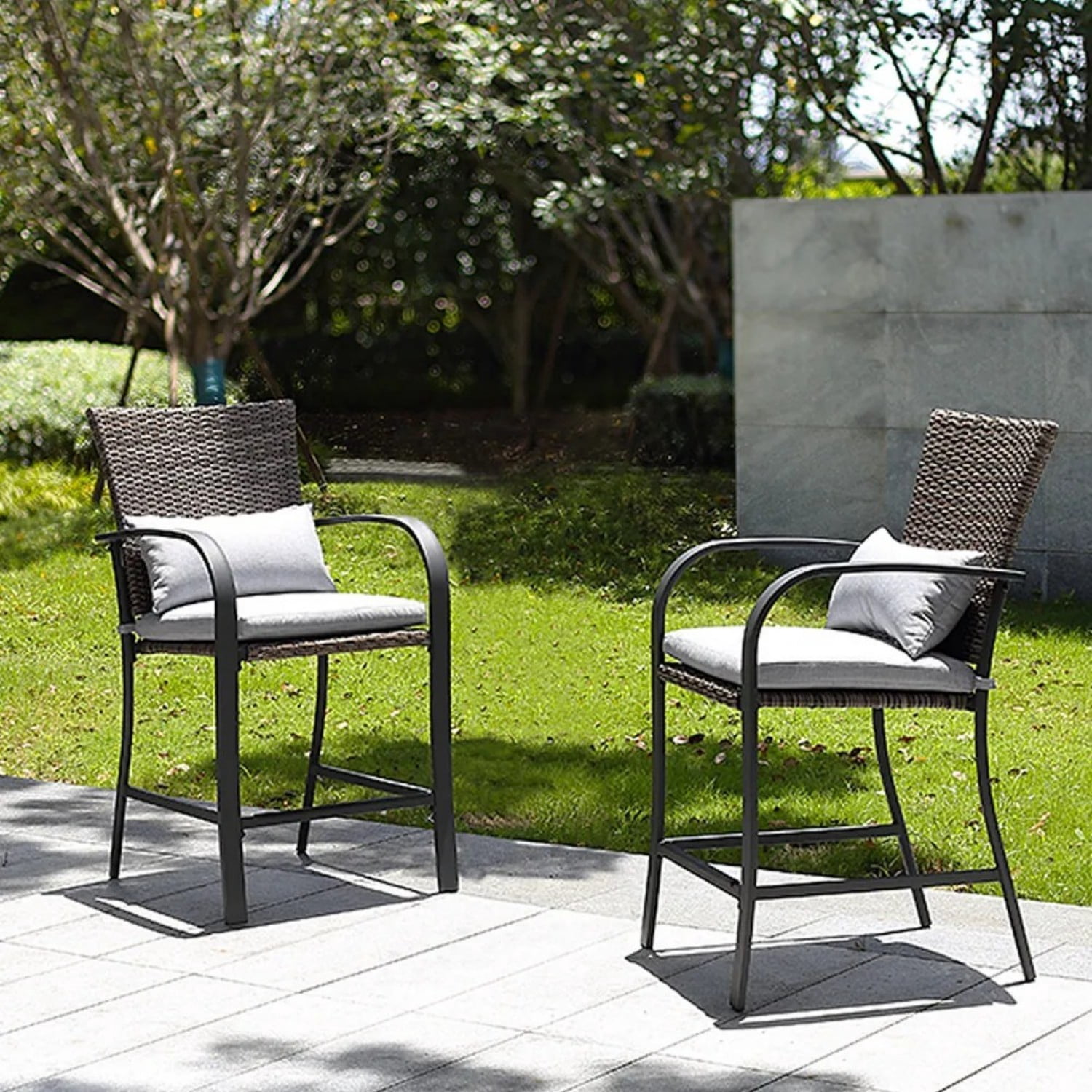 Outdoor Bar Stools Set of 2, Wicker Patio Bar Stool with Cushions & Lumbar Pillows, High Back Counter Height Chairs for Patio Deck Backyard