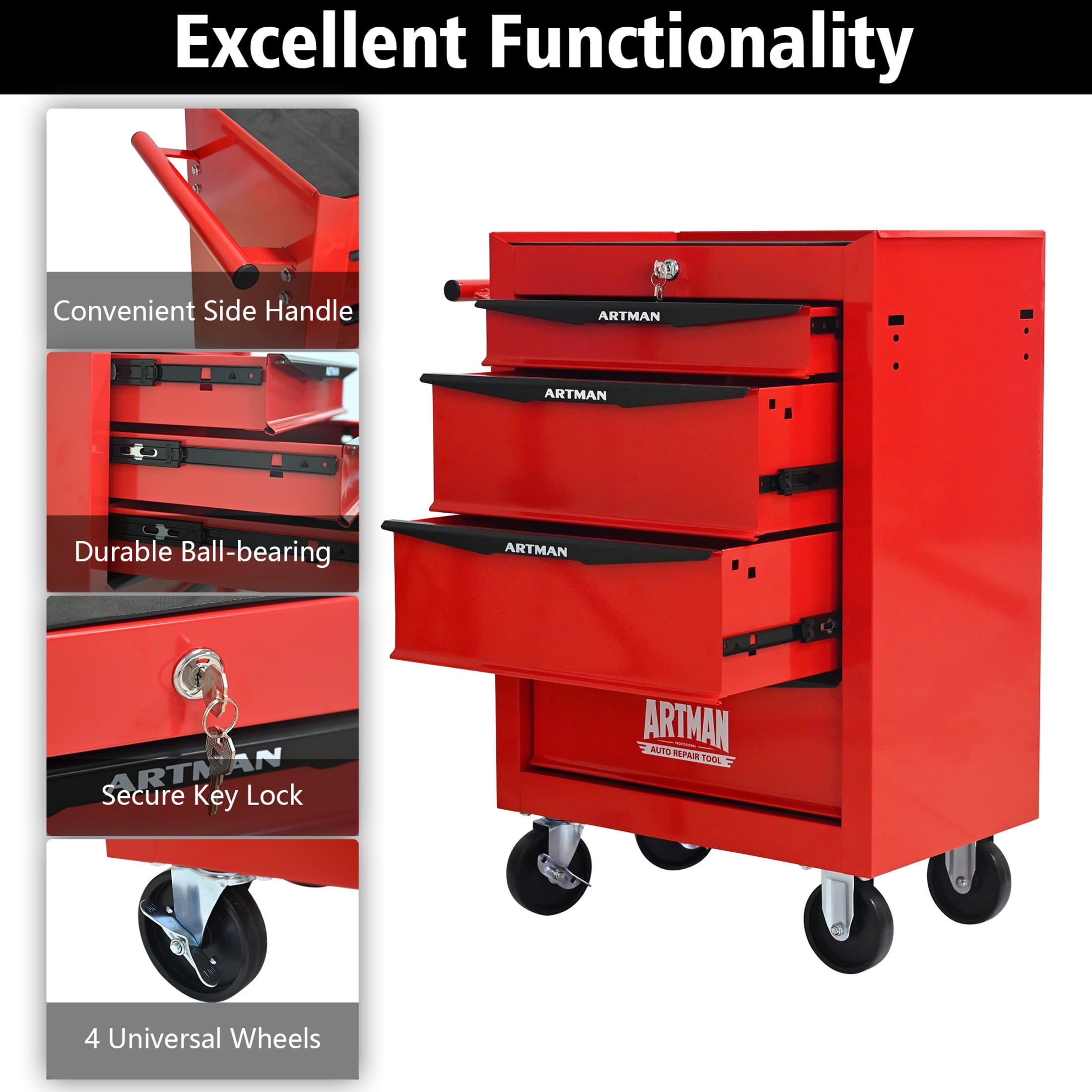 Noble House 4-Drawer Mobile Steel Tool Organizer with Key Lock, Ball Bearing Slide Storage Cabinet Box, Red