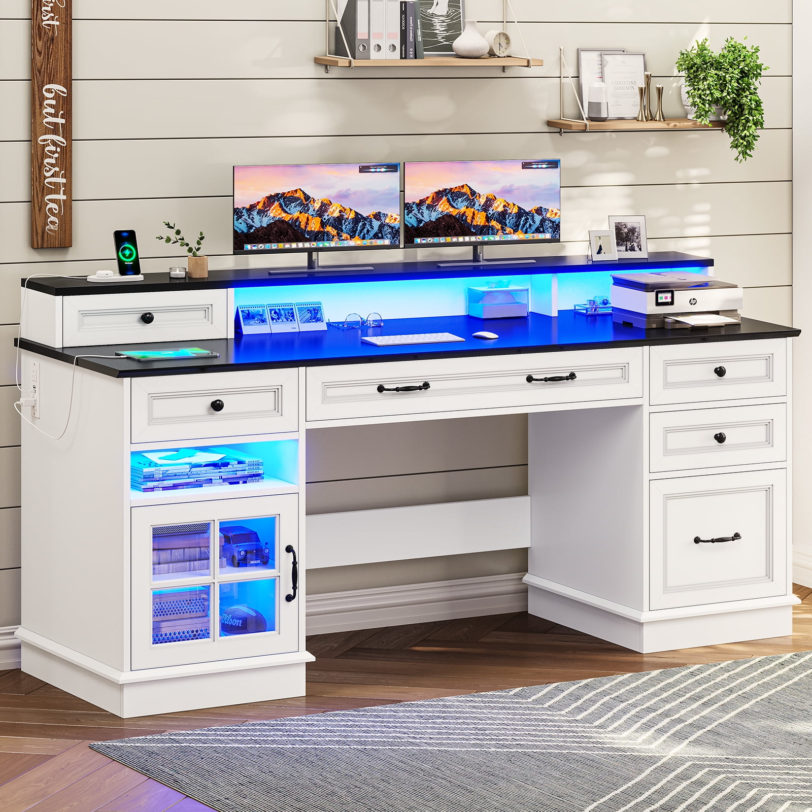 Toogaho Executive Desk with File Drawer & Storage Cabinet, Computer Desk with Charging Station & LED Lights,with Monitor Stand, Home Office Desk,Writing Desk White