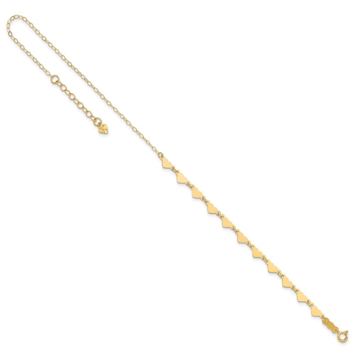 Primal Gold 14 Karat Yellow Gold Oval Link Chain with Hearts 9-inch Plus 1-inch Extension Anklet