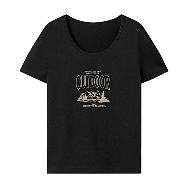 Camiseta de verano con cuello redondo para mujer, para acampar, vacaciones, viajes, caminar, trabajo Negro