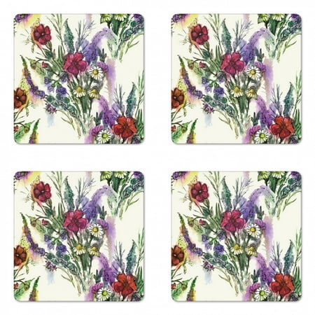 

Vintage Coaster Set of 4 Pattern of Watercolor Effect Colorful Spring Floral Bouquet Square Hardboard Gloss Coasters Standard Size Cream Multicolor by Ambesonne