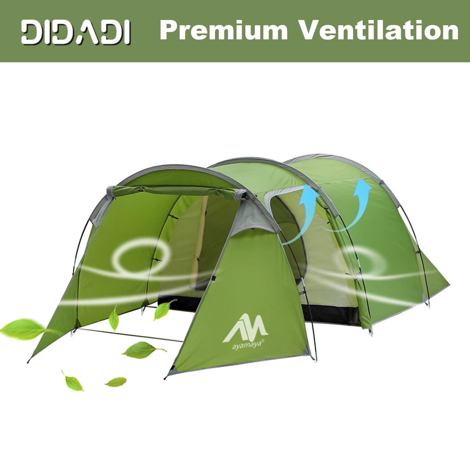Camping Tents for 3 People, DIDADI Waterproof Tunnel Tent ,2 Room Design - Detachable Bedroom & Vestibule with Footprint,Easy Set Up & Pop Up HikingTent for Survival Hiking Backpacking