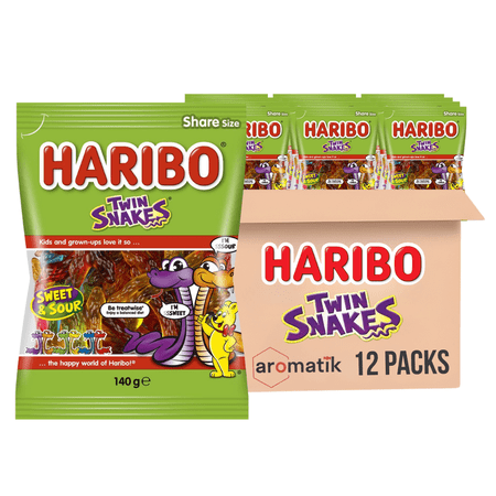 HARIBO Gummi Candy Twin Snakes | 5-Ounce Bags, Pack of 12 | Sweet and Sour Gummies | Ships in an Aromatik™ Damage Proof Box