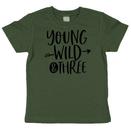

Young Wild and Three Boys 3rd Birthday Shirt for Boys Third Birthday Outfit Military Green Shirt 4T