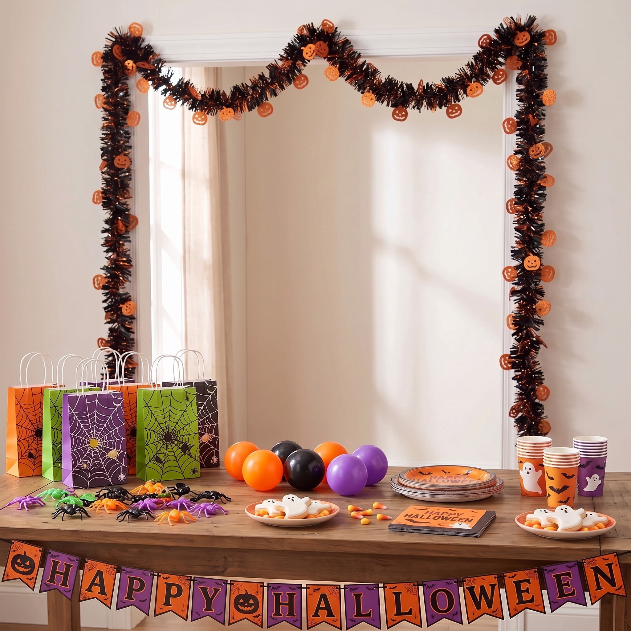 Tinsel Garland with Pumpkin Cut-Outs, Orange and Black, 12', Halloween by Way To Celebrate