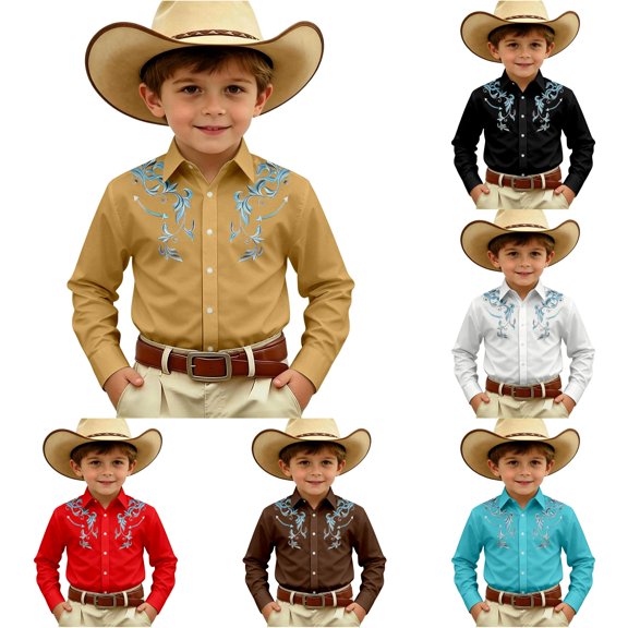 Gunia Western Cowboy Shirts For Boys Long Sleeve Print Shirt Tops Casual Button Up Blouse Youth Boys Tshirts Yellow 6-7 Years