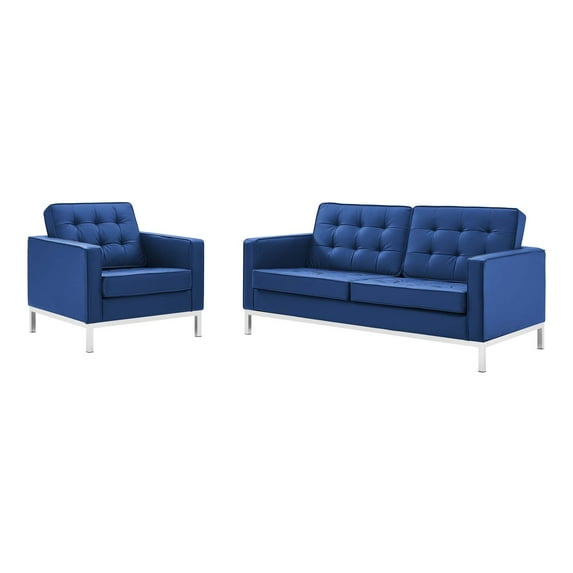 Tufted Armchair and Loveseat Sofa Set, Faux Leather, Silver Blue Navy, Modern Contemporary Urban Design, Living Lounge Room Hotel Lobby Hospitality