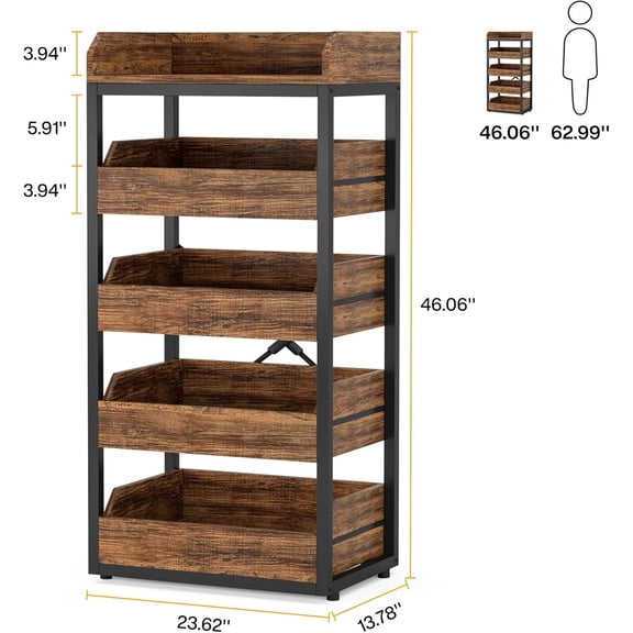 Wood Fruit and Vegetable Storage Rack, 5-Tier Pull-Out Snack Stand Fruit Basket Stand, Utility Shelf Organizer for Kitchen, Living Room, Bedroom, Rustic Brown