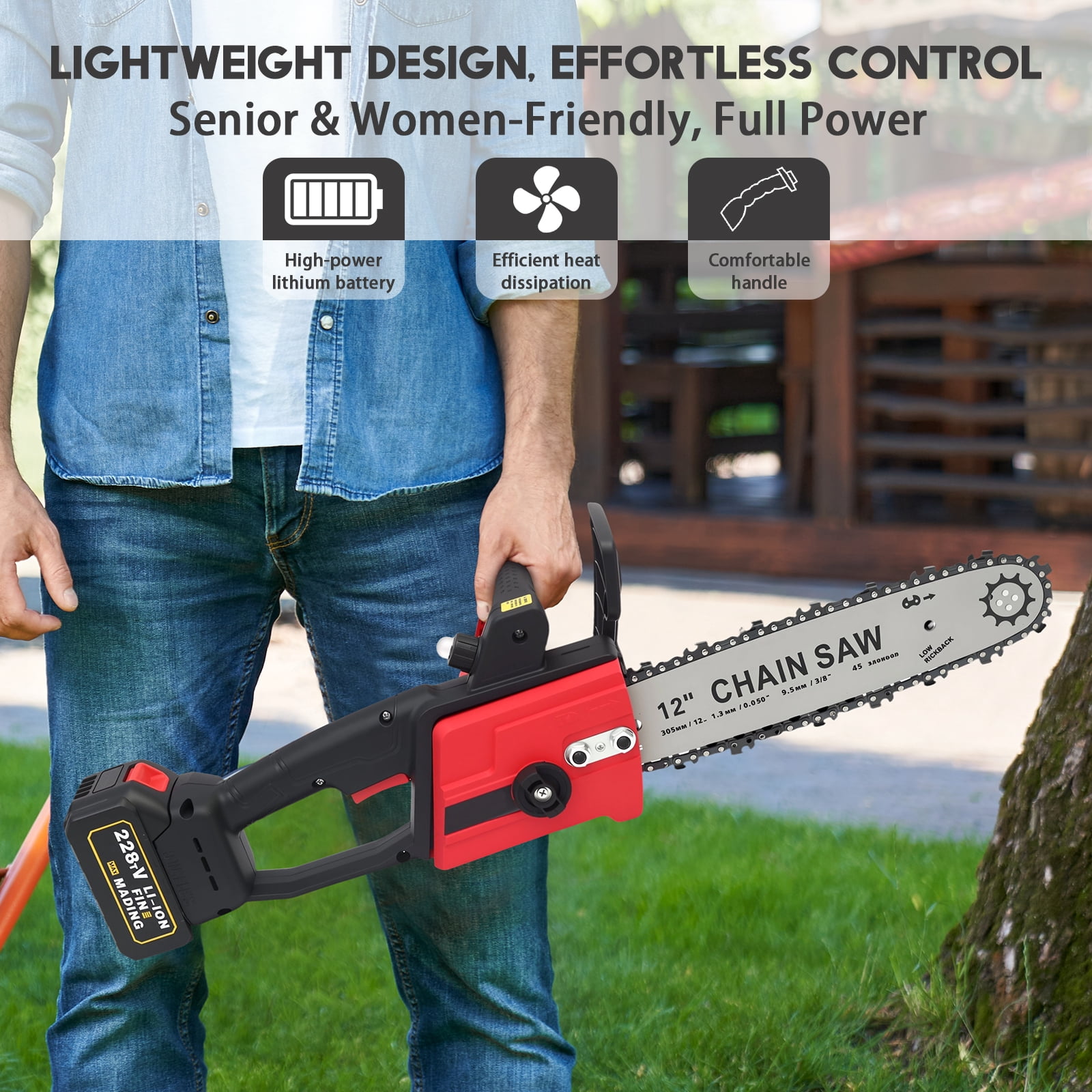 CATGOOD 12 inch Cordless Chainsaw, Electric Chainsaw with 21V 3.0Ah Battery and Charger, Battery Powered Chainsaw for Tree Trimming, Wood Cutting, 800W