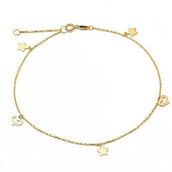 LOVEBLING 10K Yellow Gold .50mm Diamond Cut Rolo Chain with Star and Heart pendants Anklet Adjustable 9" to 10" (#26)