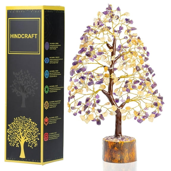 Livinwise Amethyst & Citrine Crystal Tree - Showpiece for Home Decor - Feng Shui Seven Chakra Tree - Home Decorations - - Marriage Gift Items - Antique Home Decor - 10-12 Inch (Golden Wire)