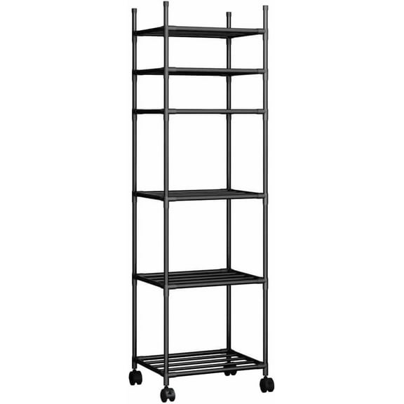 Black Shelving Unit, 42x 32 x 165 cm, 6 Tier Tall Narrow Shelving Unit with Wheels and Anti-Slip Feet, Adjustable Shelving (Black)