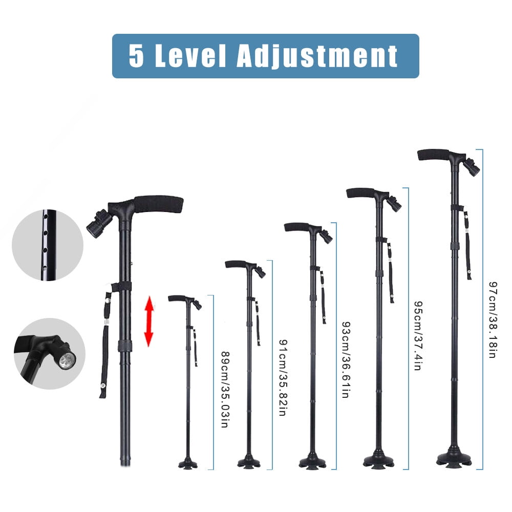 2 Pack Folding Walking Cane with 6 LED Lights, 5-Level Adjustable Height, 360° Anti-Slip Pivoting Base, Lightweight Aluminum T-Handle Walking Stick for Elderly