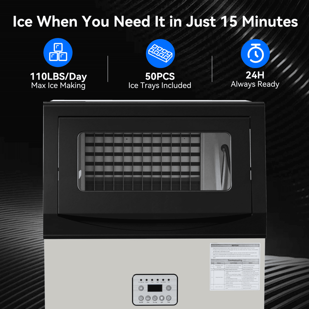 Commercial Ice Maker Machine, 110 Lbs/24H with 33 Lbs Storage, 50 Cubes, Under Counter/Freestanding Ice Makers, Stainless Steel