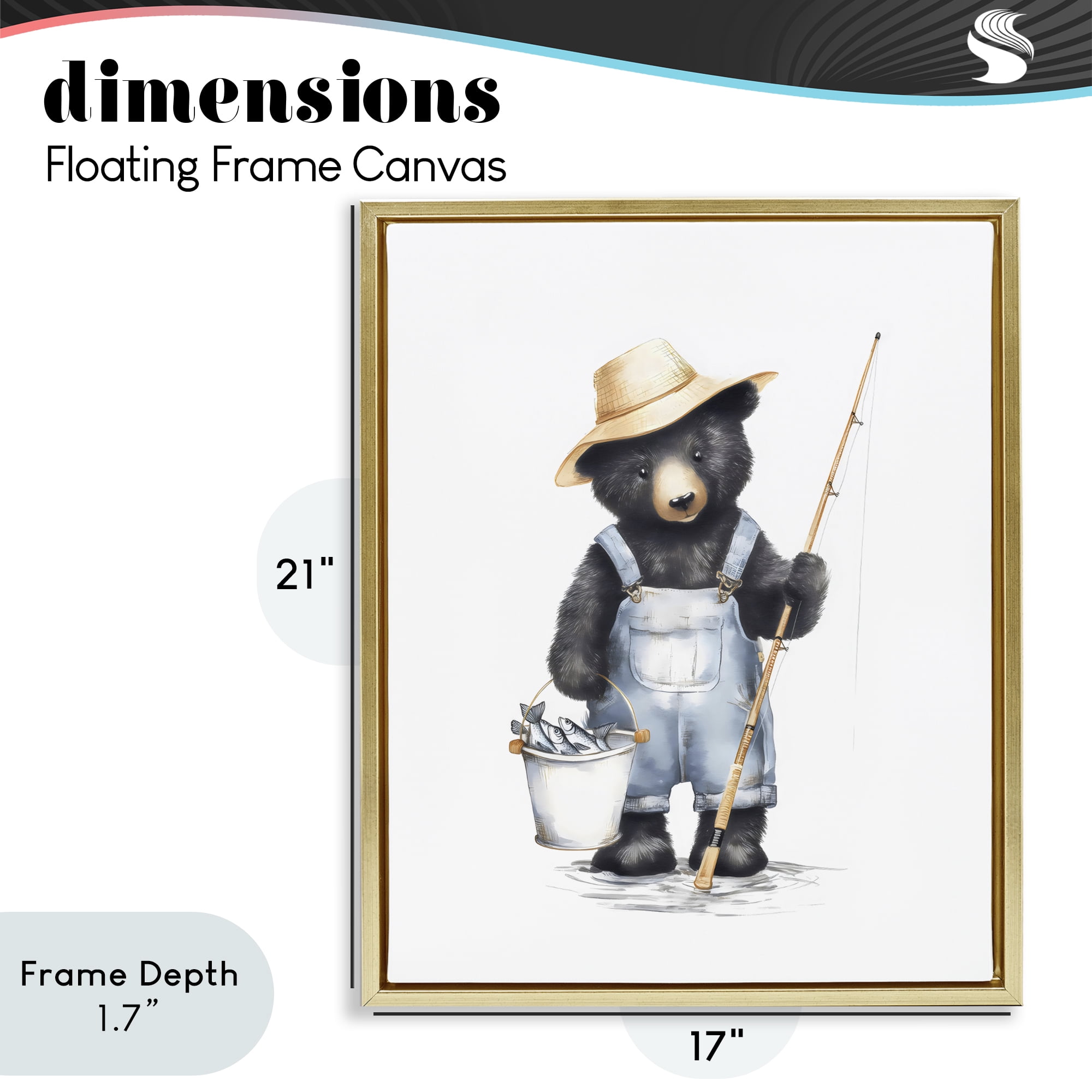 Stupell Industries Fishing Bear in Straw Hat Gold Framed Floater Canvas Wall Art, design by Arlington Prints