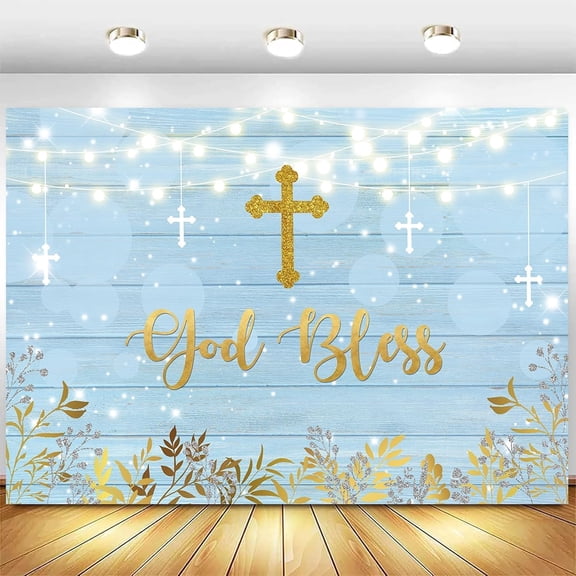 God Bless Baptism Backdrop Blue Wood First Holy Communion Christening Background Gold Glitter Flower Baby Shower Party Decorations Banner Cake Table Photo Booth Props