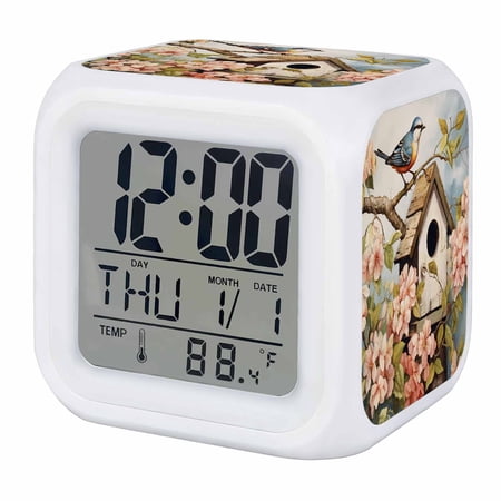 Retro Birdhouse Digital Alarm Clock for Bedrooms, Smart LED Alarm Clock with 7 Color Changing Night Light, Pink Spring Floral Birds Vintage Silent Wake Up Clocks for Sleep Study Cooking 3.2x3.2