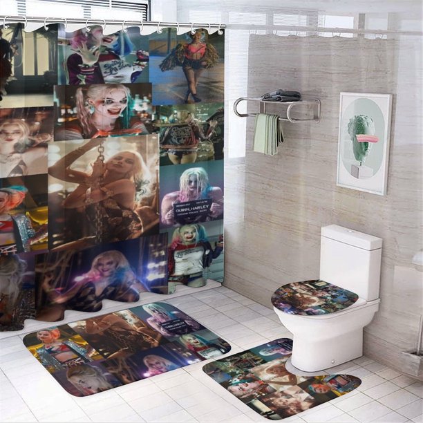 Juego de 4 cortinas de ducha de Harley Quinn con alfombrillas antideslizantes, tapa de inodoro y alfombrilla de baño, cortina de ducha impermeable con decoración de dibujos animados para baño con 12