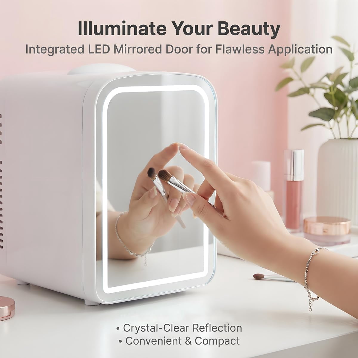 4L  Skincare Fridge with Dimmable LED Mirror, Portable Beauty Refrigerator for Makeup, Cosmetic, Personal Small Refrigerator with Cooler and Warmer for Bedroom, Office and Car (White-4L)