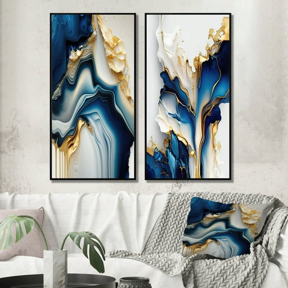 Designart "Golden and Azure Geode Marble II" Abstract Marble Framed Wall Art Set Of 2 - Blue Abstract Framed Canvas Set For Living Room Decor