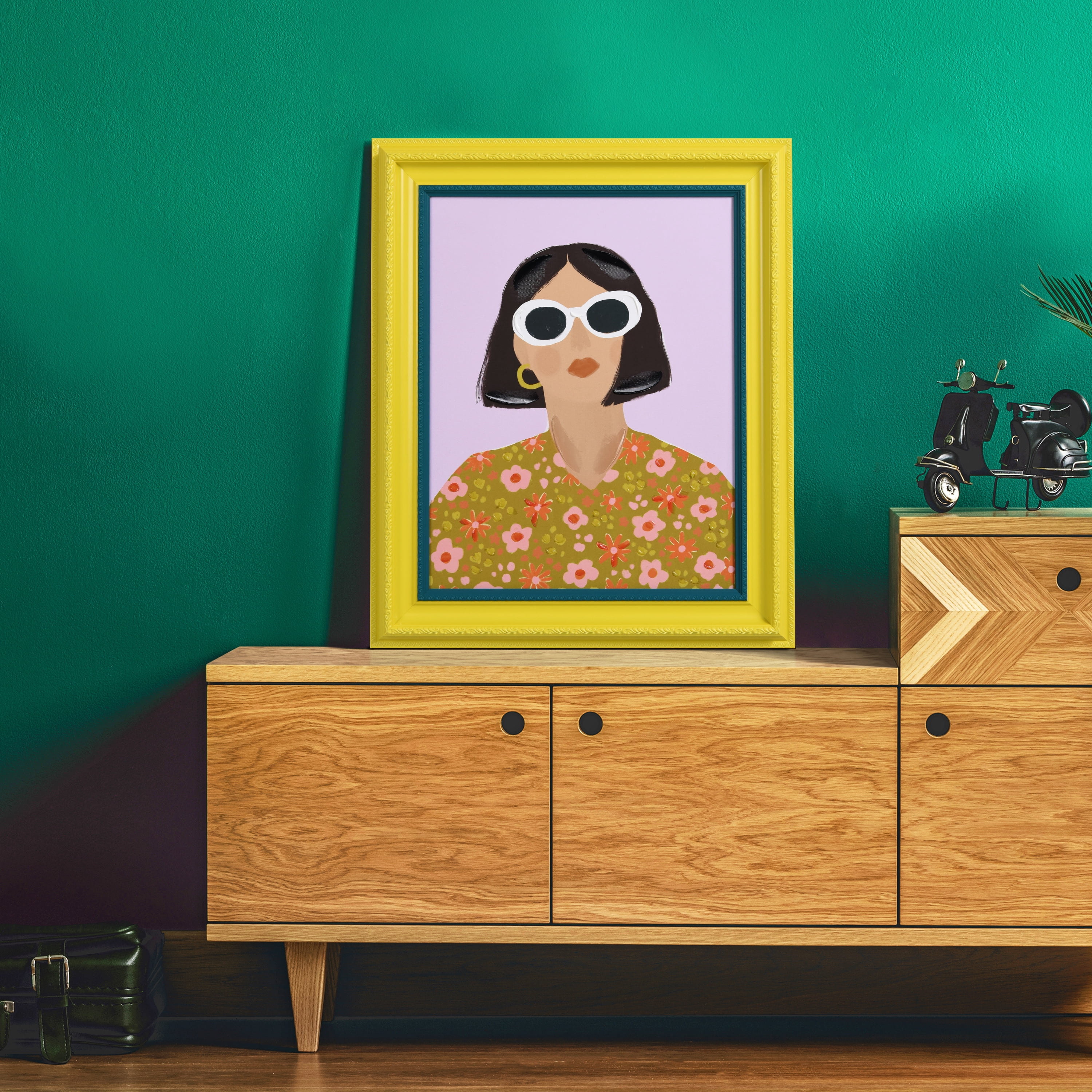 "Sunshine Chic" Chromatic Hand Painted Embellished Giclee Portrait Canvas Wall Art with Baroque Two-Tone Frame