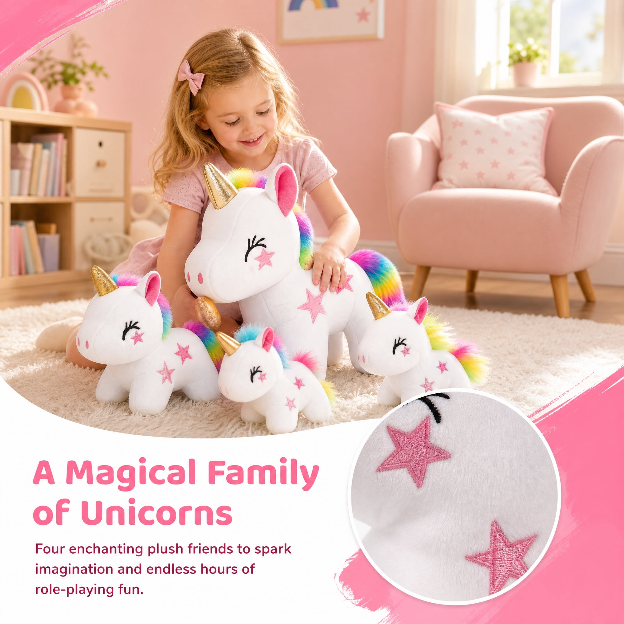 11.8inch Unicorn Stuffed Animals PlaySet- Unicorn Doll Toy Gifts for Girls - Stuffed Mommy Unicorn with 3 Baby Plush Unicorns