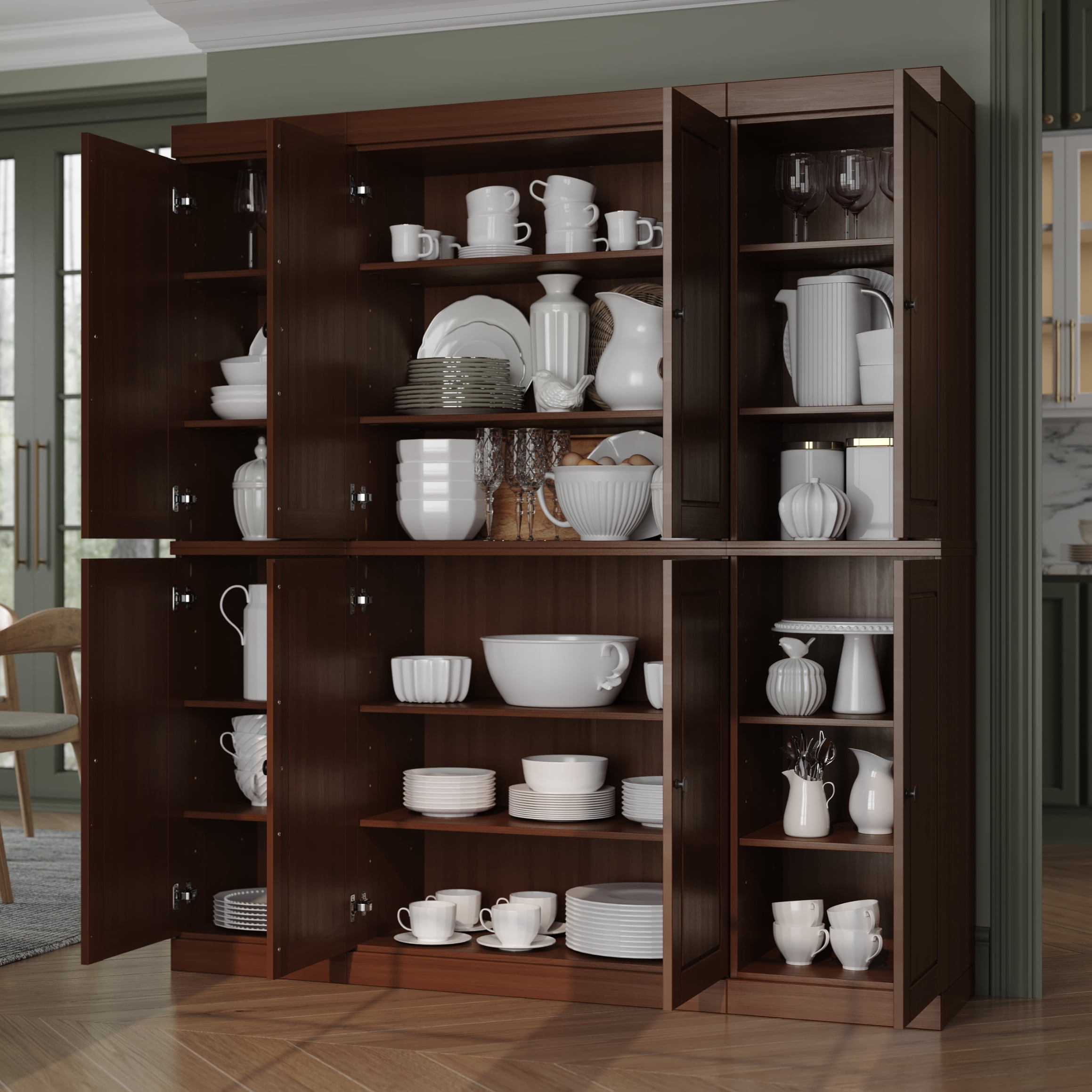 100% Solid Wood Kitchen Pantry Storage Cabinet with Solid Doors and Adjustable Shelves, Mocha Wooden Modular Tall Cabinets