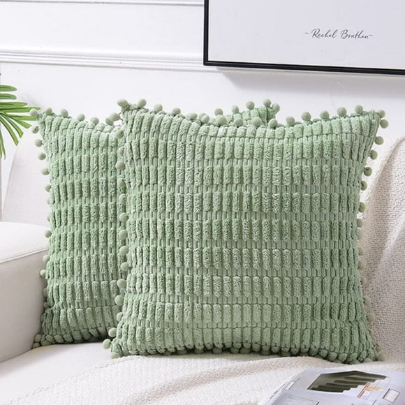 Set of 2 Sage Green Decorative Throw Pillow Covers Bohemian Farmhouse Home Decor with Pom Poms 22x22 Inch 55x55cm Living Room