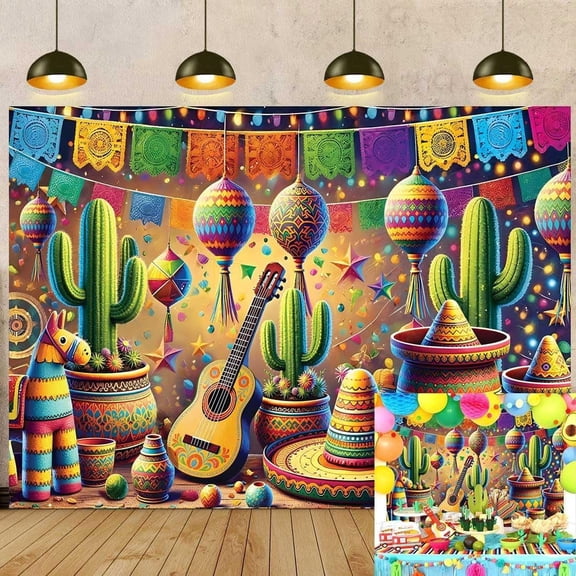 Mexican Fiesta Backdrop Let's Fiesta Background Pinata Cactus Guitar Colorful Papel picado Fiesta Party Decorations Banner Supplies Photo Booth Props