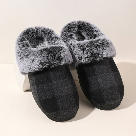 Plaid Fluffy Slippers Women House Flats Winter Designer Shoes Ladies Home Casual Plush Warm Platform Elegant Footwear Large Size (Grey,38-39)