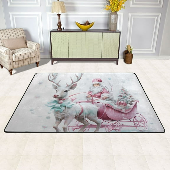 Christmas Santa and Deer Area Floor Mats Soft Large Nursery Rugs Non-Slip Foam Carpets Living Room Doormat for Bedroom Dinning Decor 36" x 24"